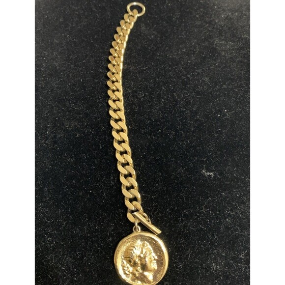Vintage Metal Single Roman Coin Chunky Link Bracelet Charm Heavy Gold Tone Small - Picture 3 of 7